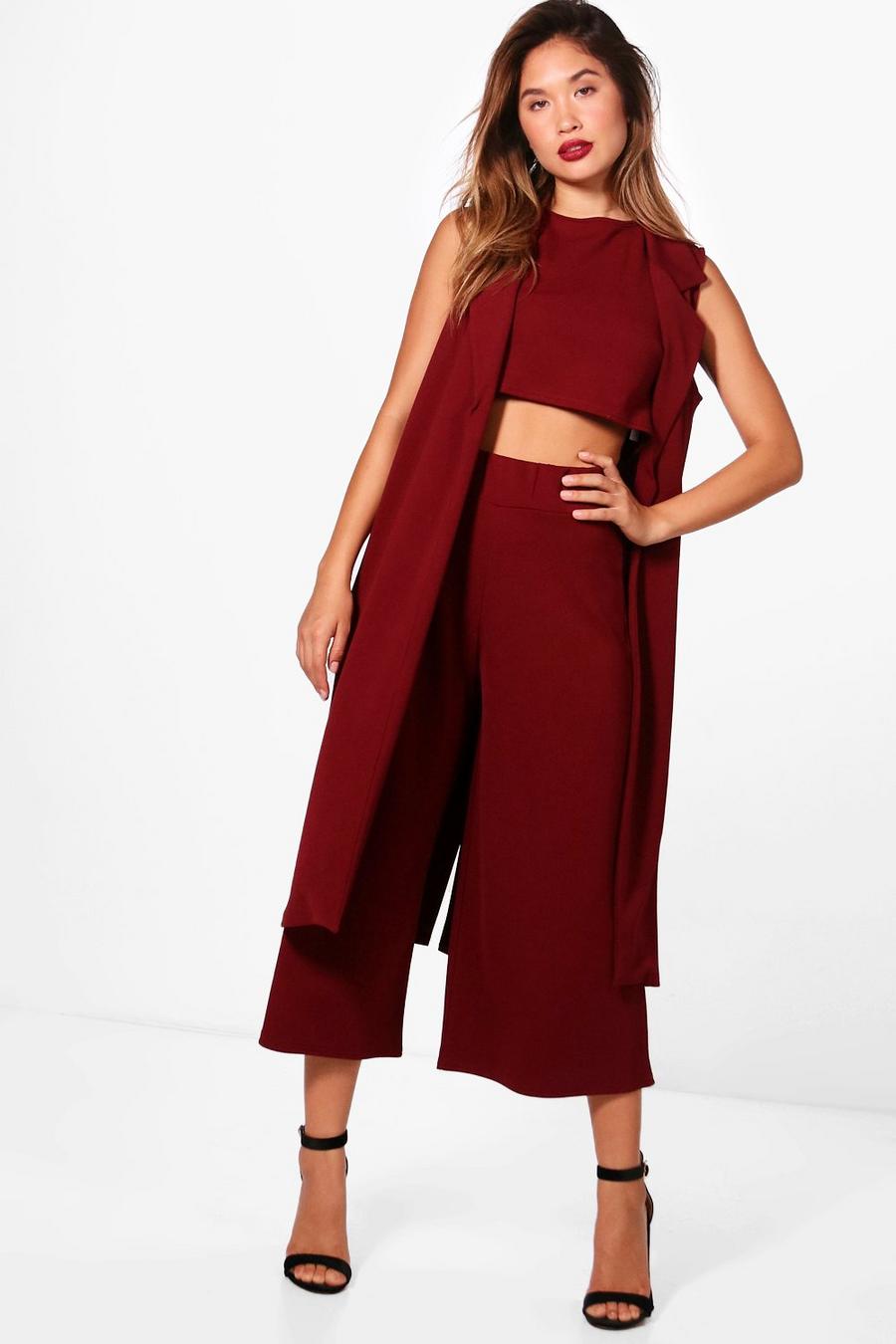 Set in 3 pezzi con pantaloni culottes, crop top & spolverino, Mulberry image number 1