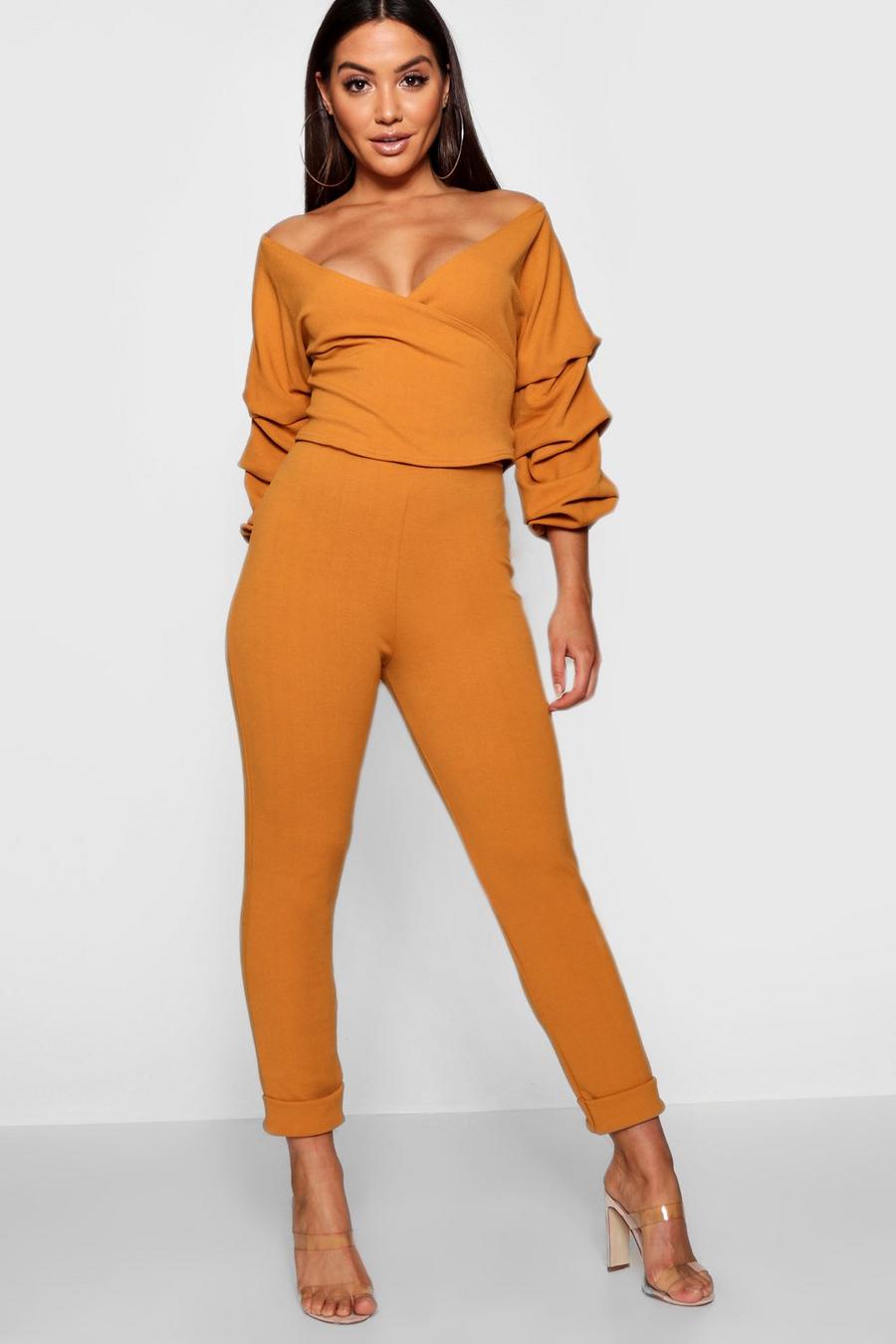 Mustard Wrap Rouche Top And Pants Co-Ord Set image number 1