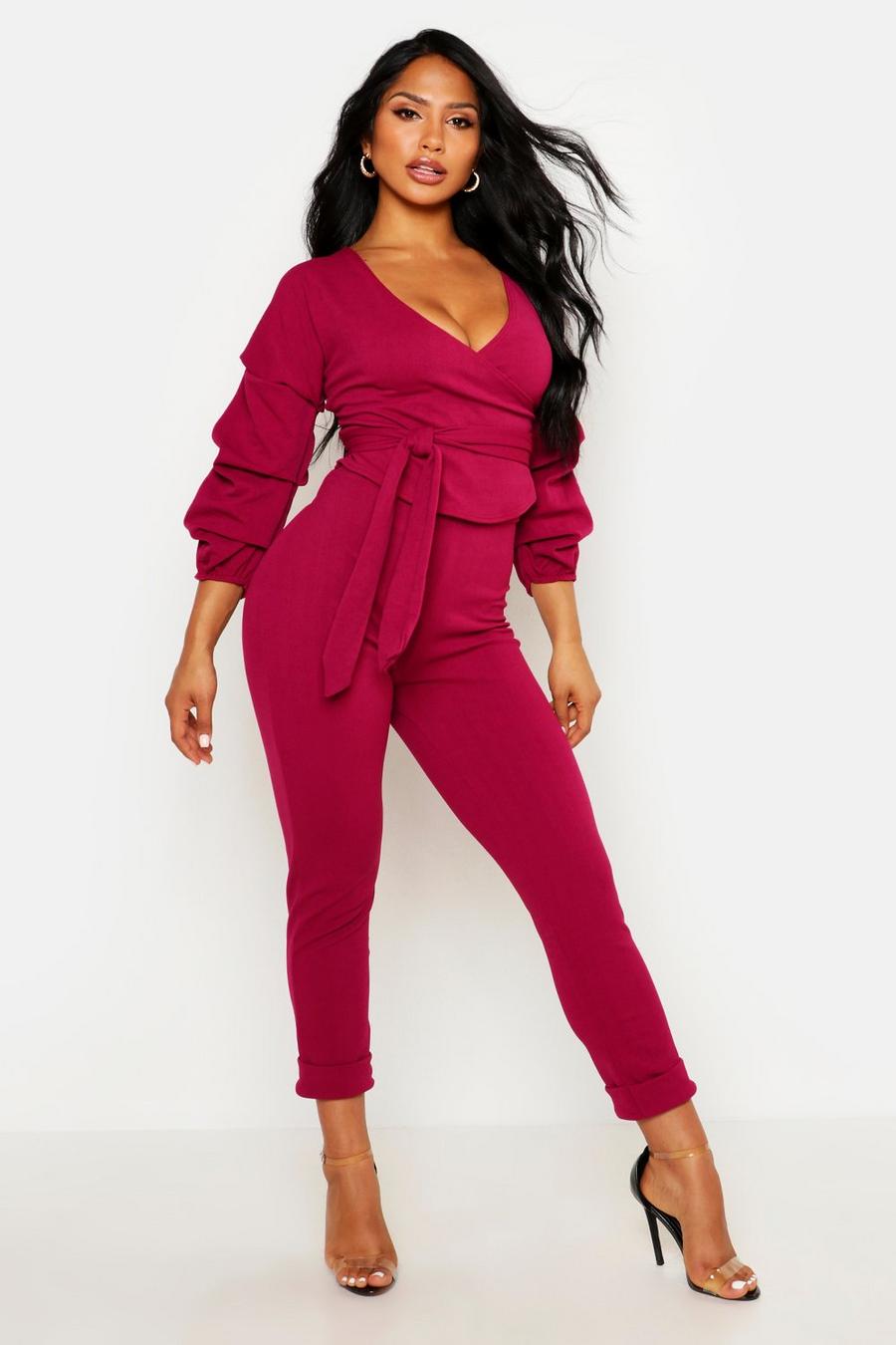 Raspberry Wrap Rouche Top And Trouser Co-Ord Set image number 1