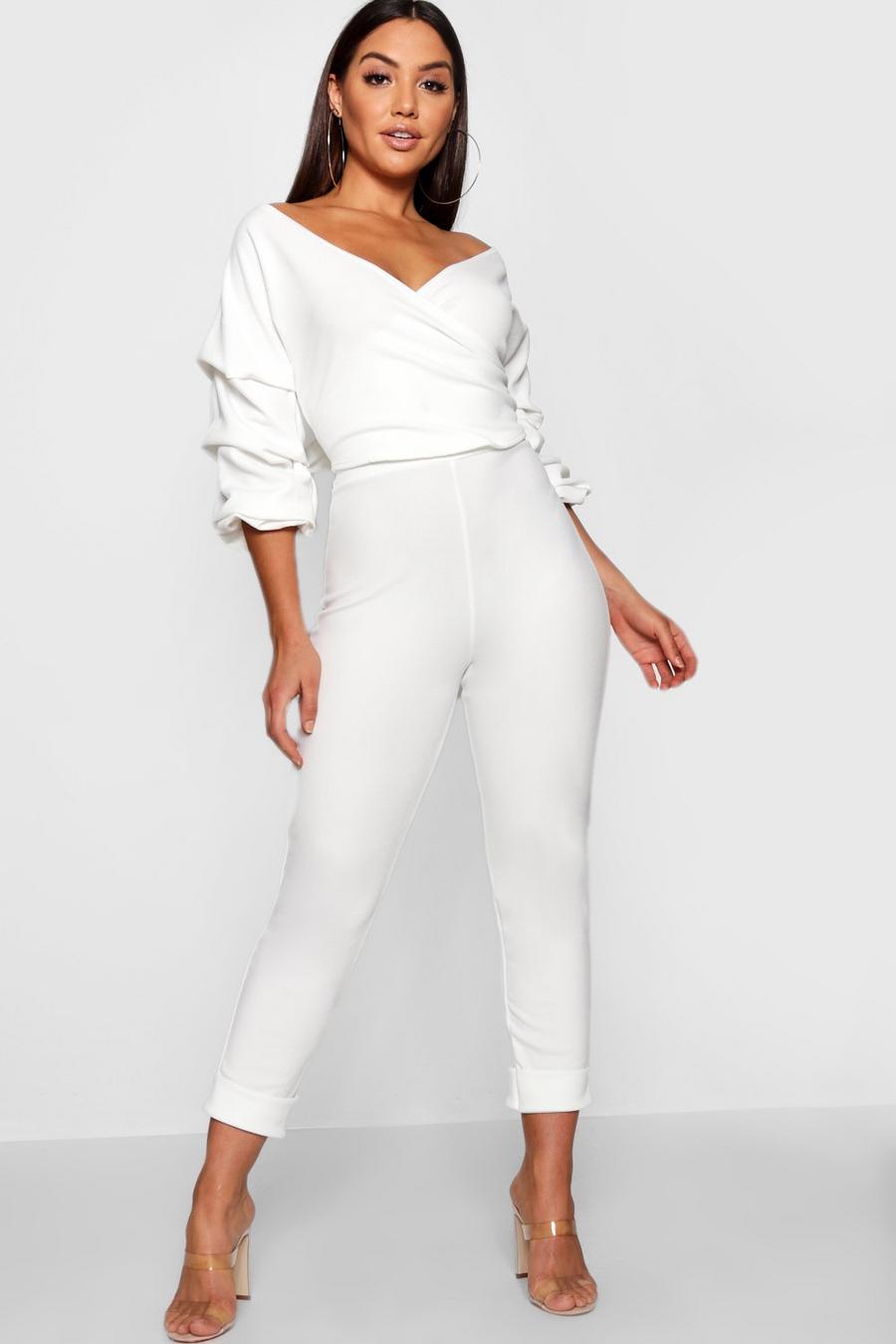 White Wrap Rouche Top And Pants Co-Ord Set image number 1