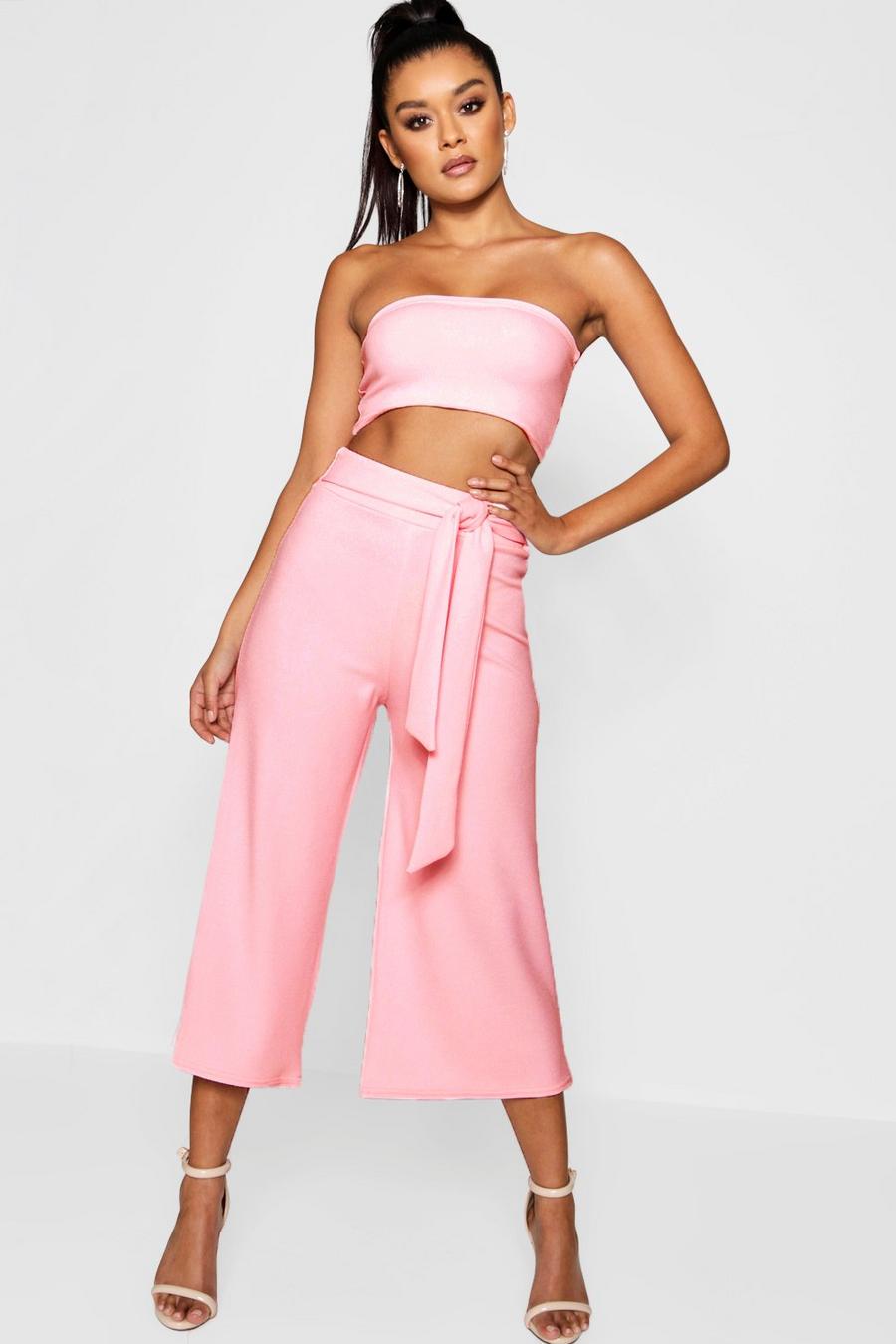 Soft pink Tie Waist Culotte Two-Piece Set image number 1