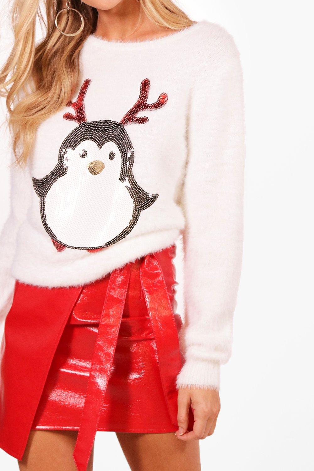 Women s Sequin Tinsel Yarn Penguin Christmas Jumper Boohoo UK