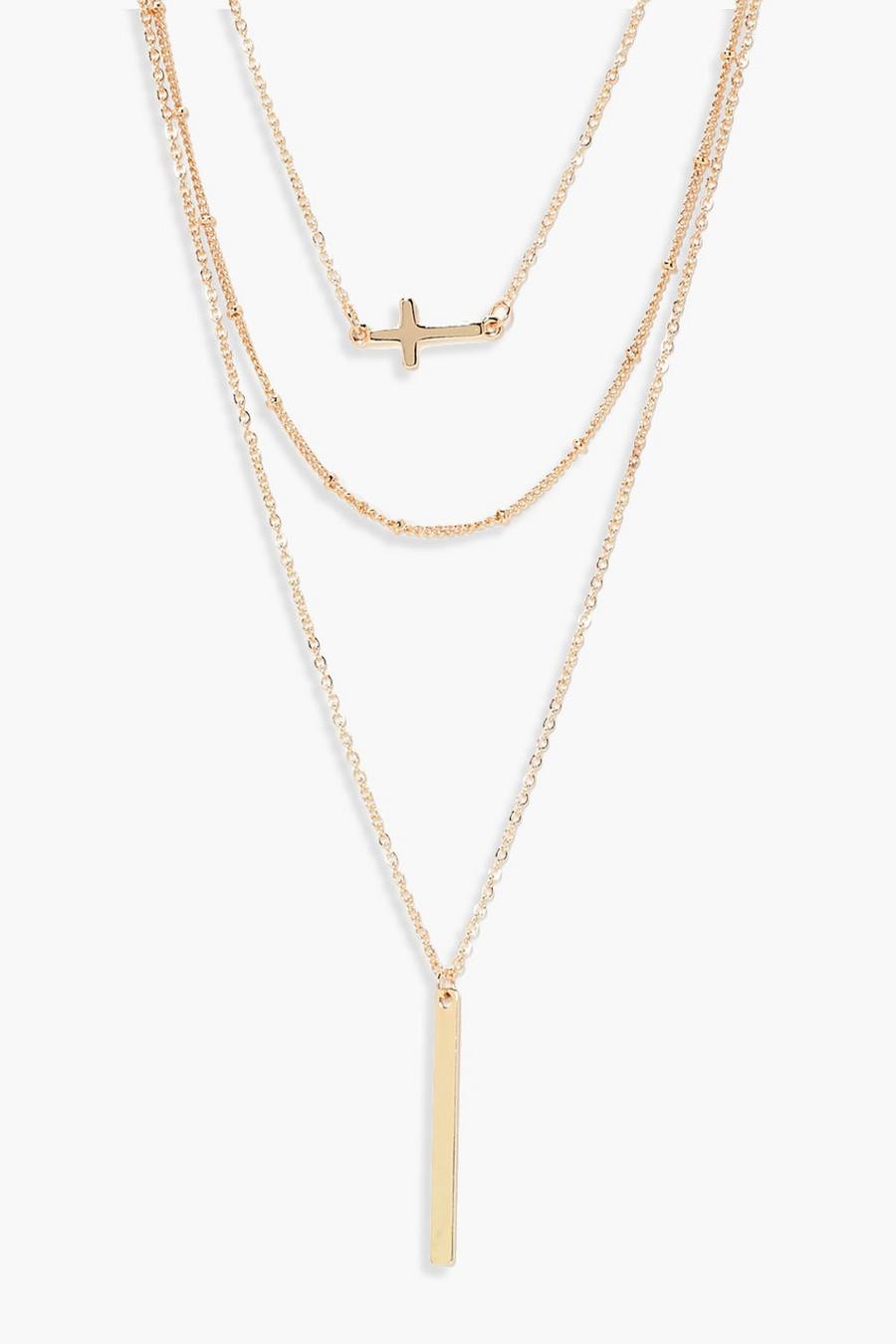 Gold metallic Layered Cross And Bar Necklace