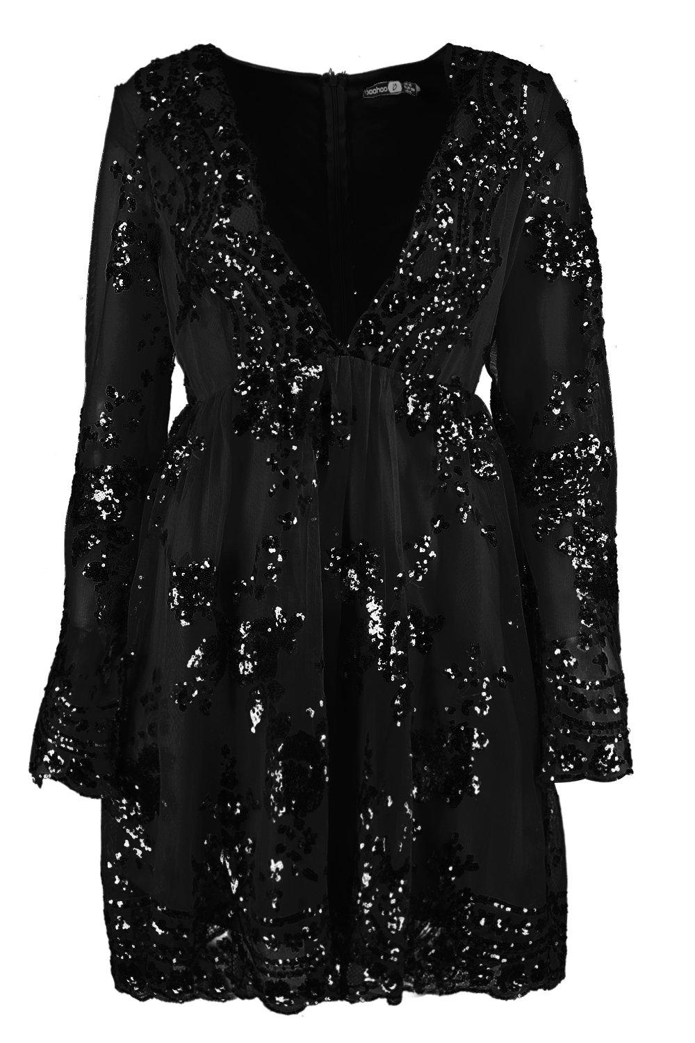 Ellie sequin and mesh long sale sleeve skater dress