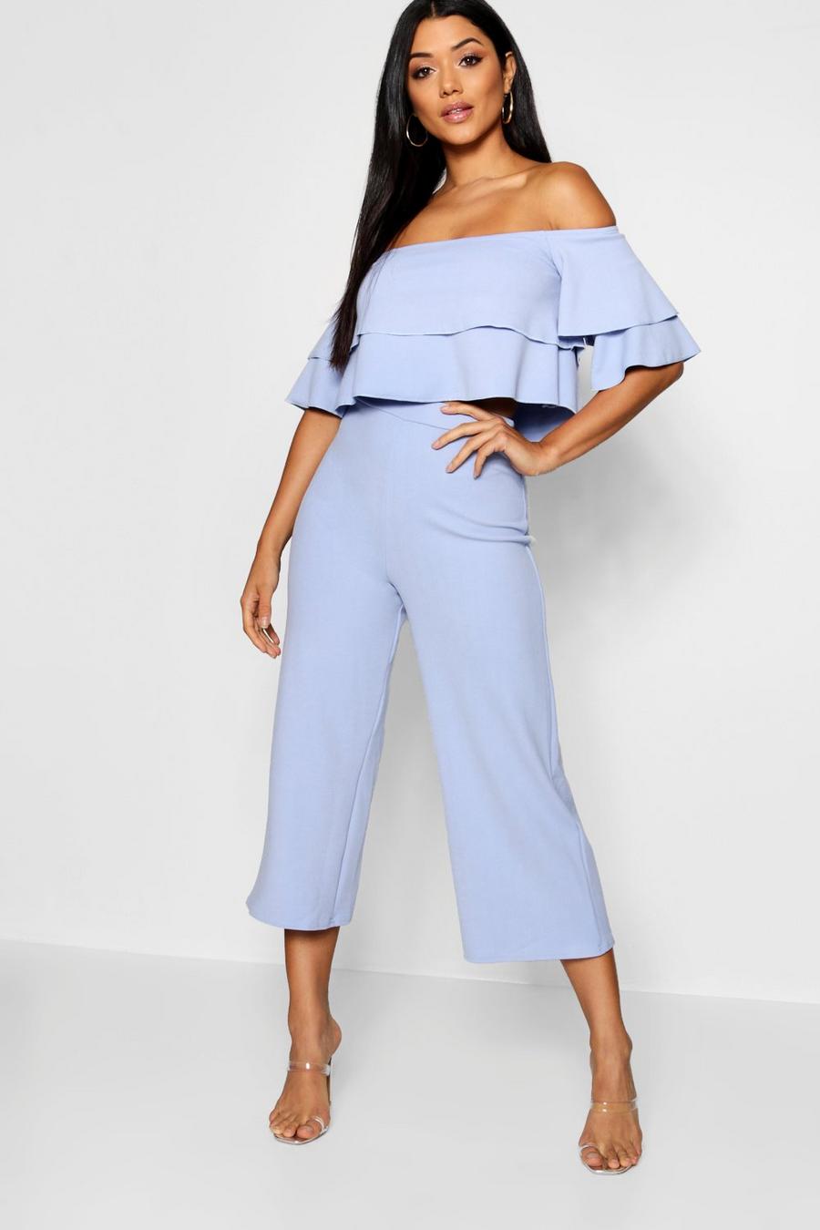 Cornflower blue Double Tube Top And Culotte Two-Piece Set
