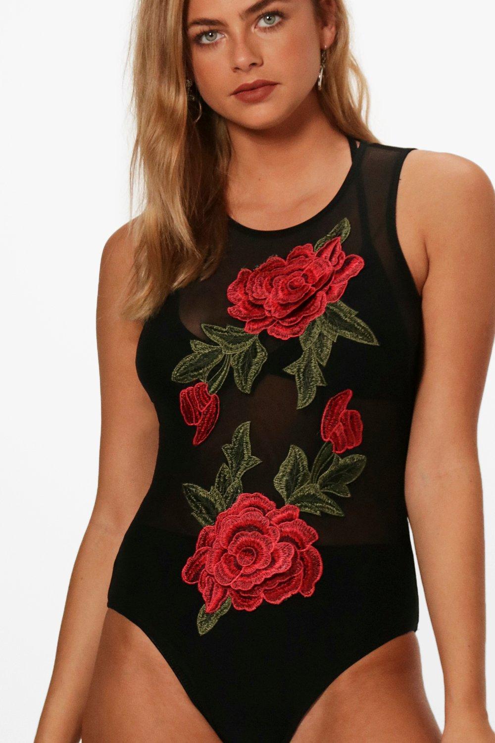 Forever 21 Mesh Rose Embroidered Bodysuit Sz S