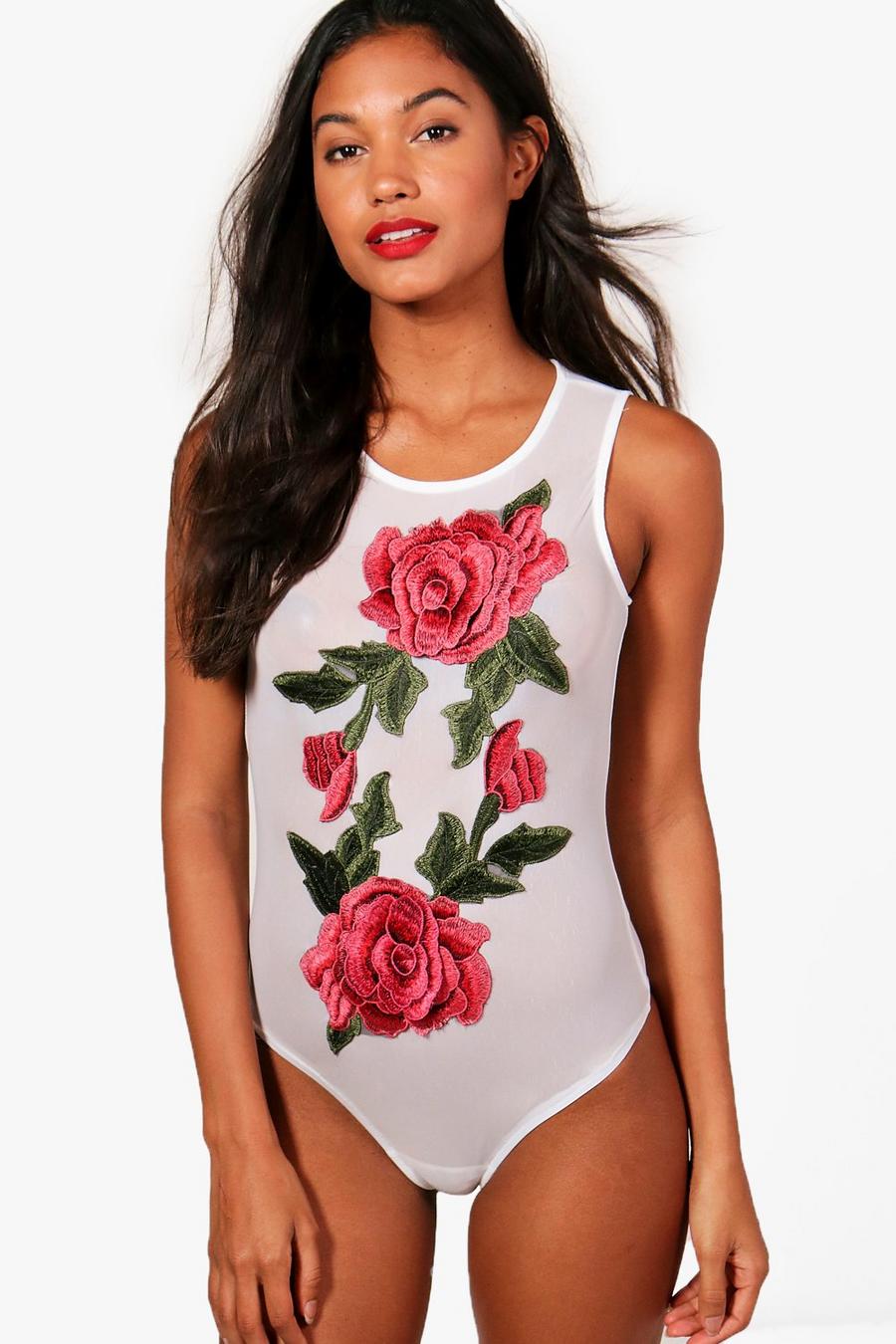 White Rose Embroidered Mesh Bodysuit image number 1