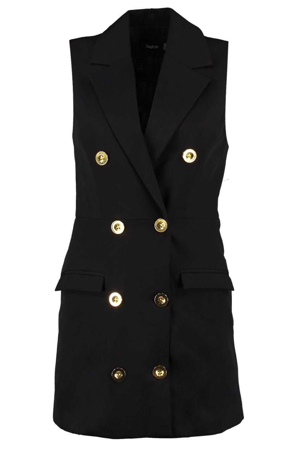 Black Sleeveless Gold Button Detail Blazer Dress