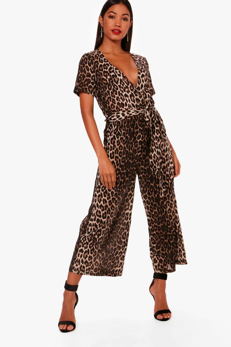 Leopard Print Wrap Front Culotte Jumpsuit, Brown image number 1