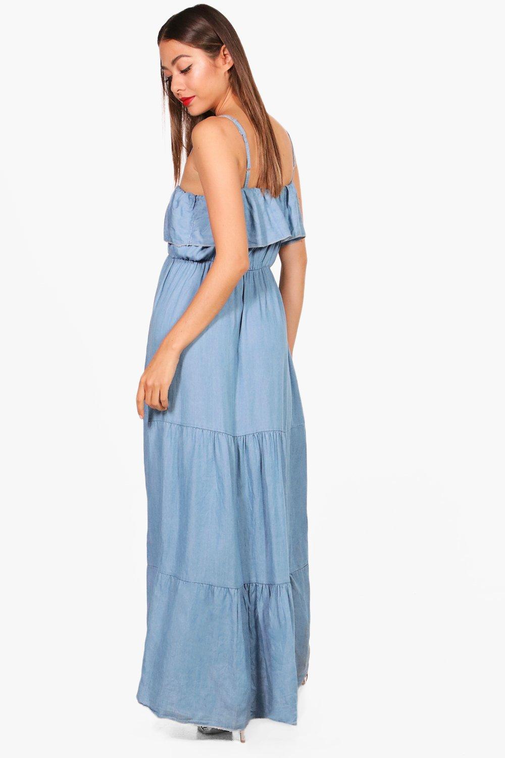 denim tiered maxi dress