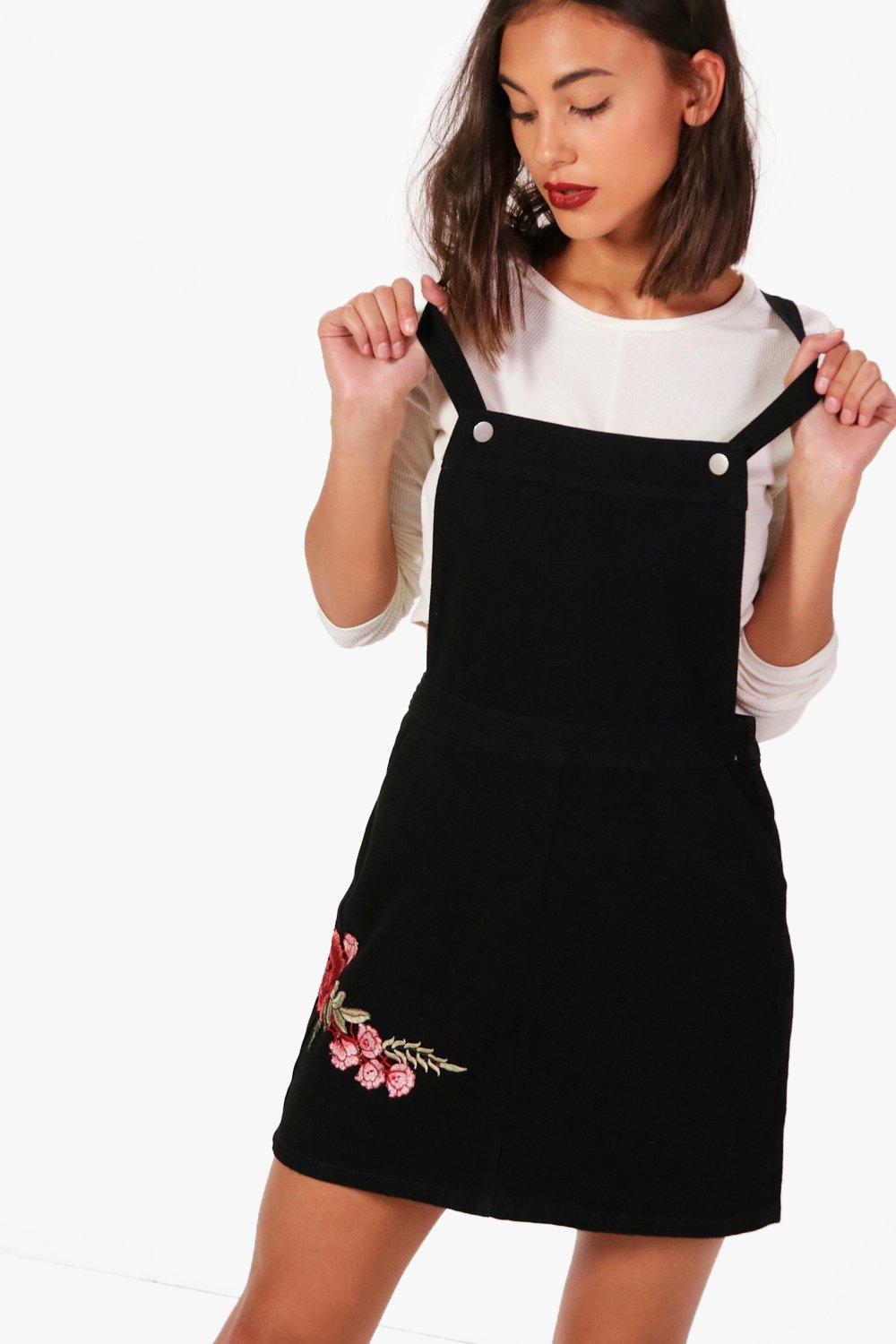 embroidered denim pinafore dress