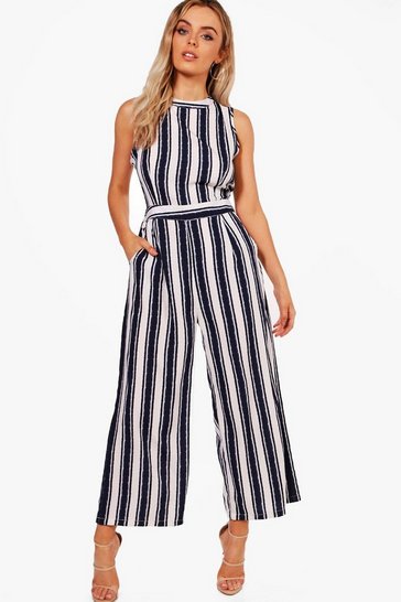 Womens Striped Jumpsuits Culottes Summer Wide Leg Ladies Playsuits Size 6-14 UK