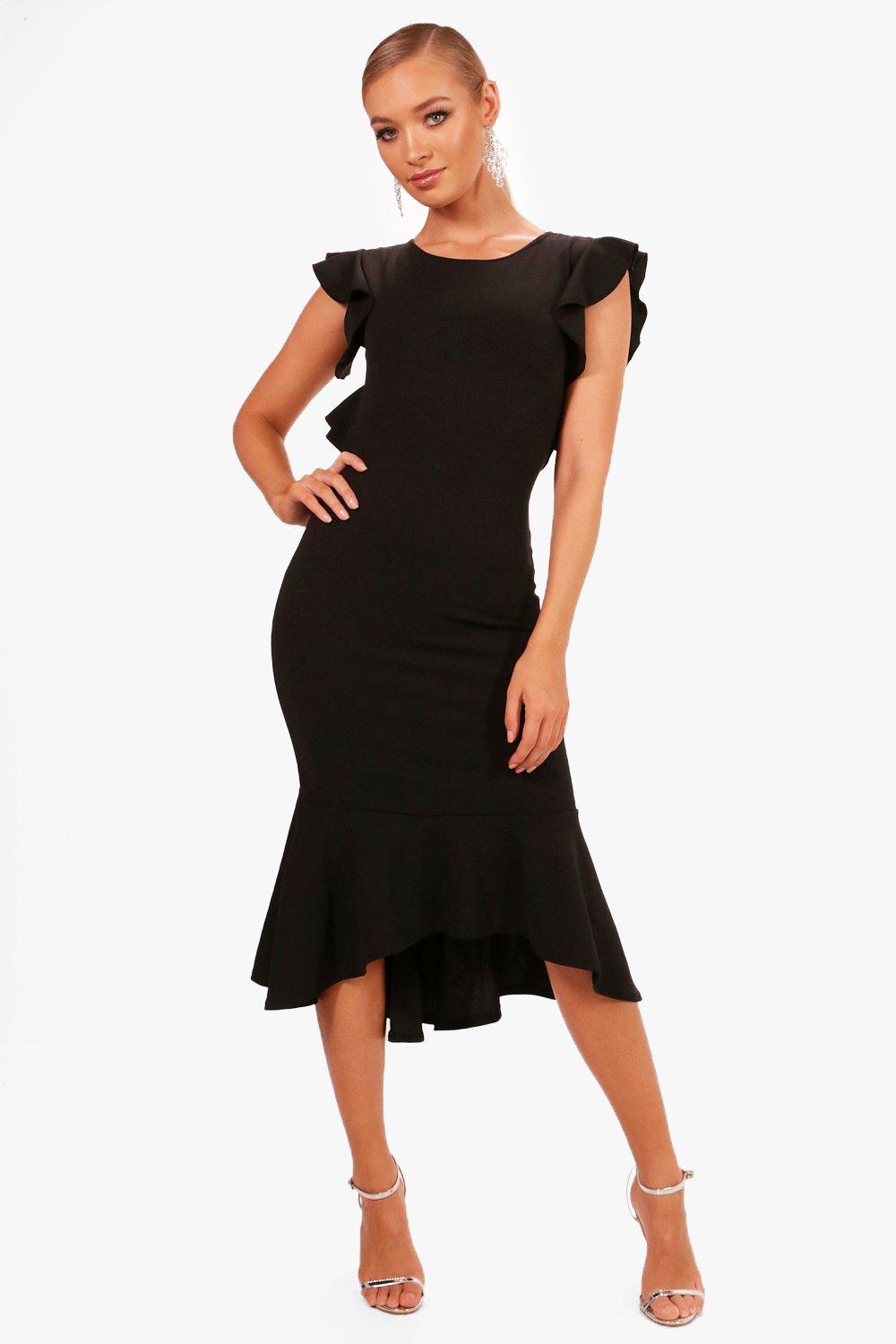 Frill Detailing Open Back Flute Hem Midi Dress