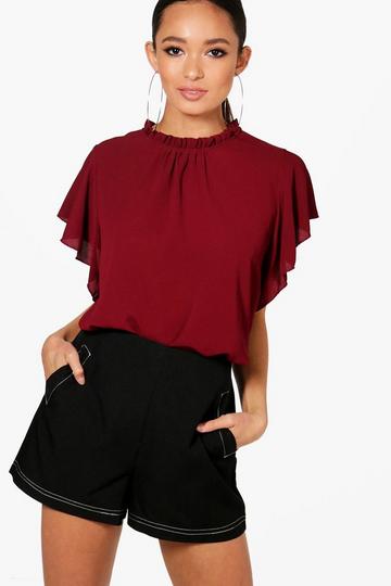 Burgundy Red Woven Frill Sleeve And Neck Blouse