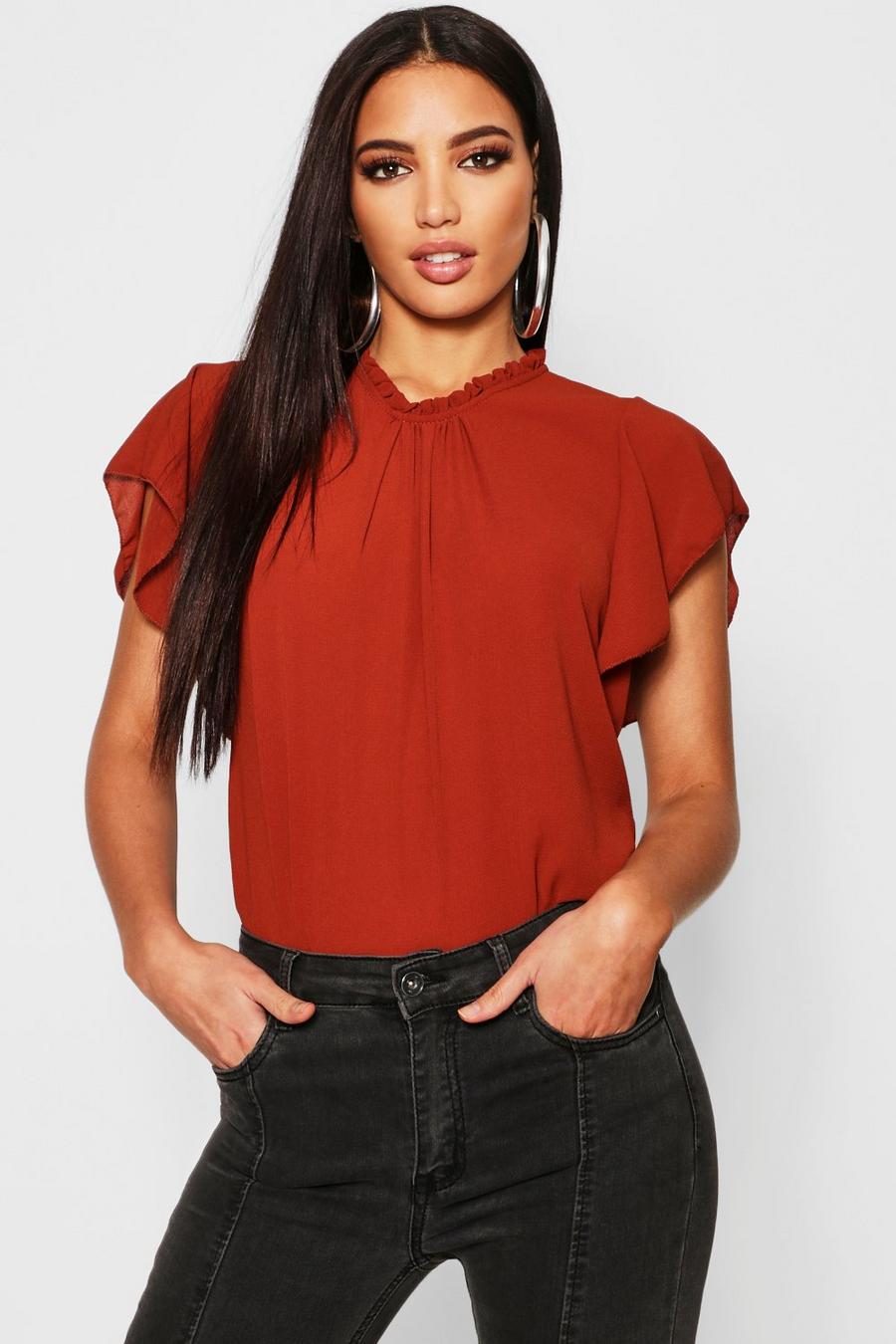 Rust Woven Frill Sleeve And Neck Blouse image number 1