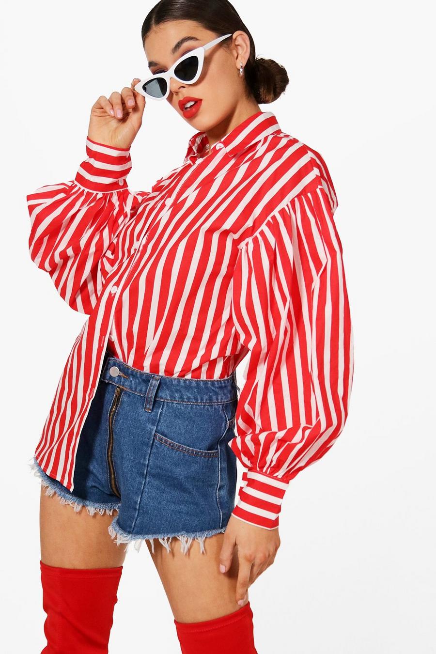 Candy Stripe Balloon Sleeve Shirt, Red image number 1