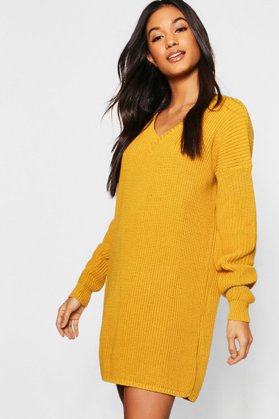 Geripptes Pulloverkleid mit V-Ausschnitt, Mustard image number 1