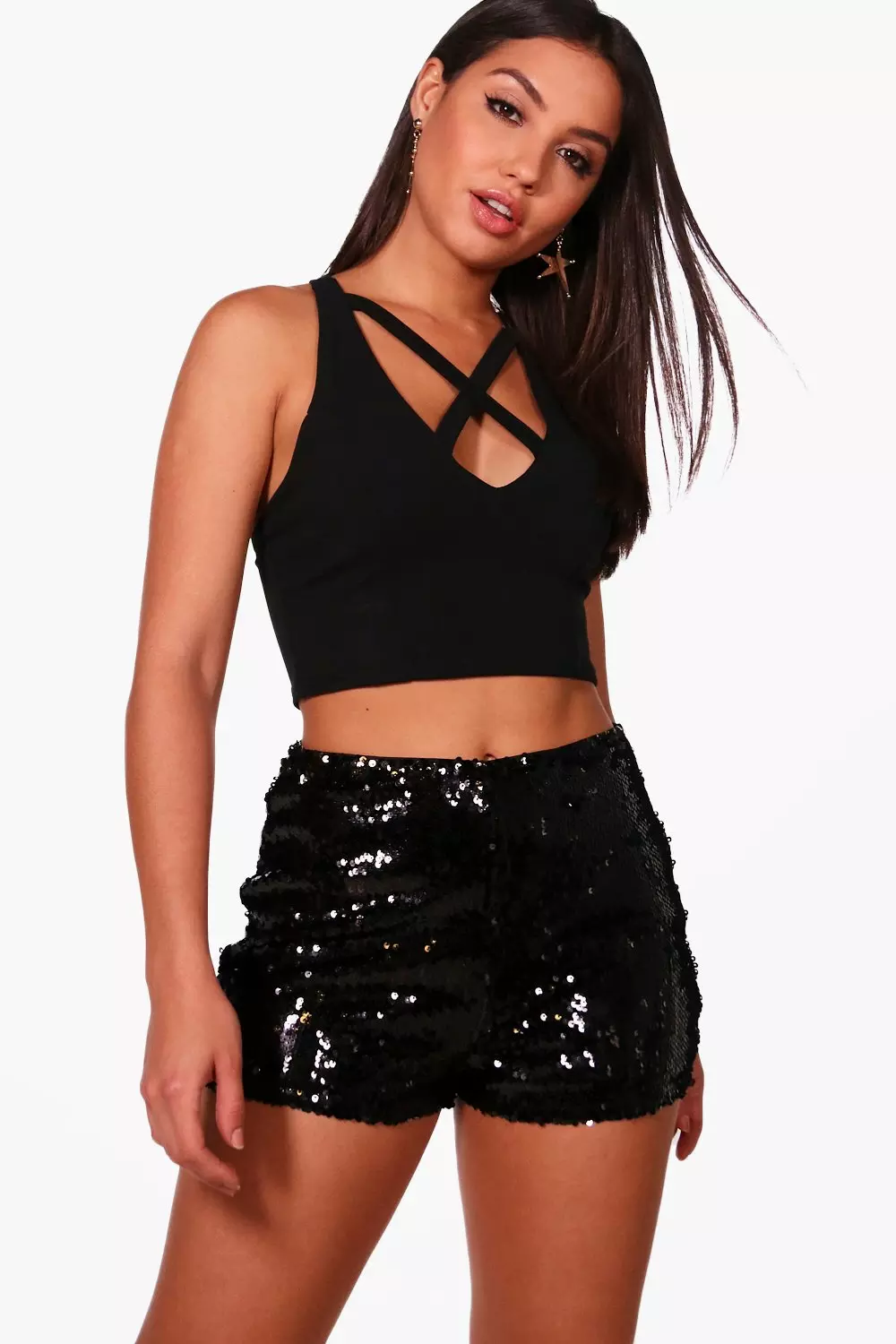 Black All Over Sequin High Waisted Hotpants alternative image
