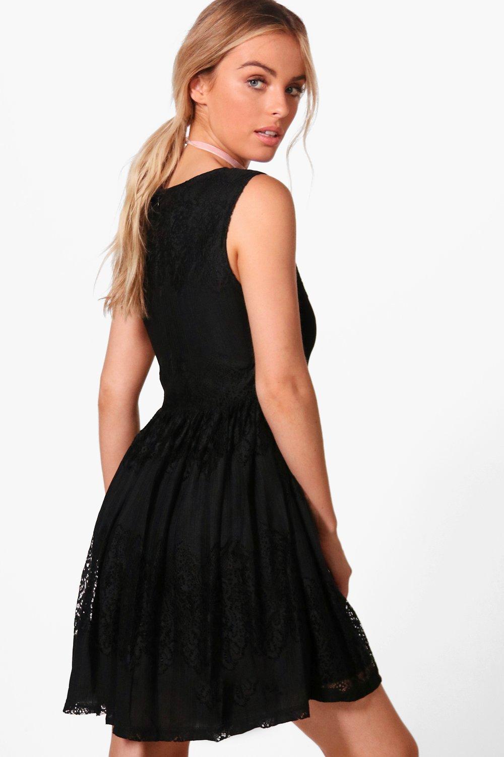 Boohoo black lace skater dress best sale