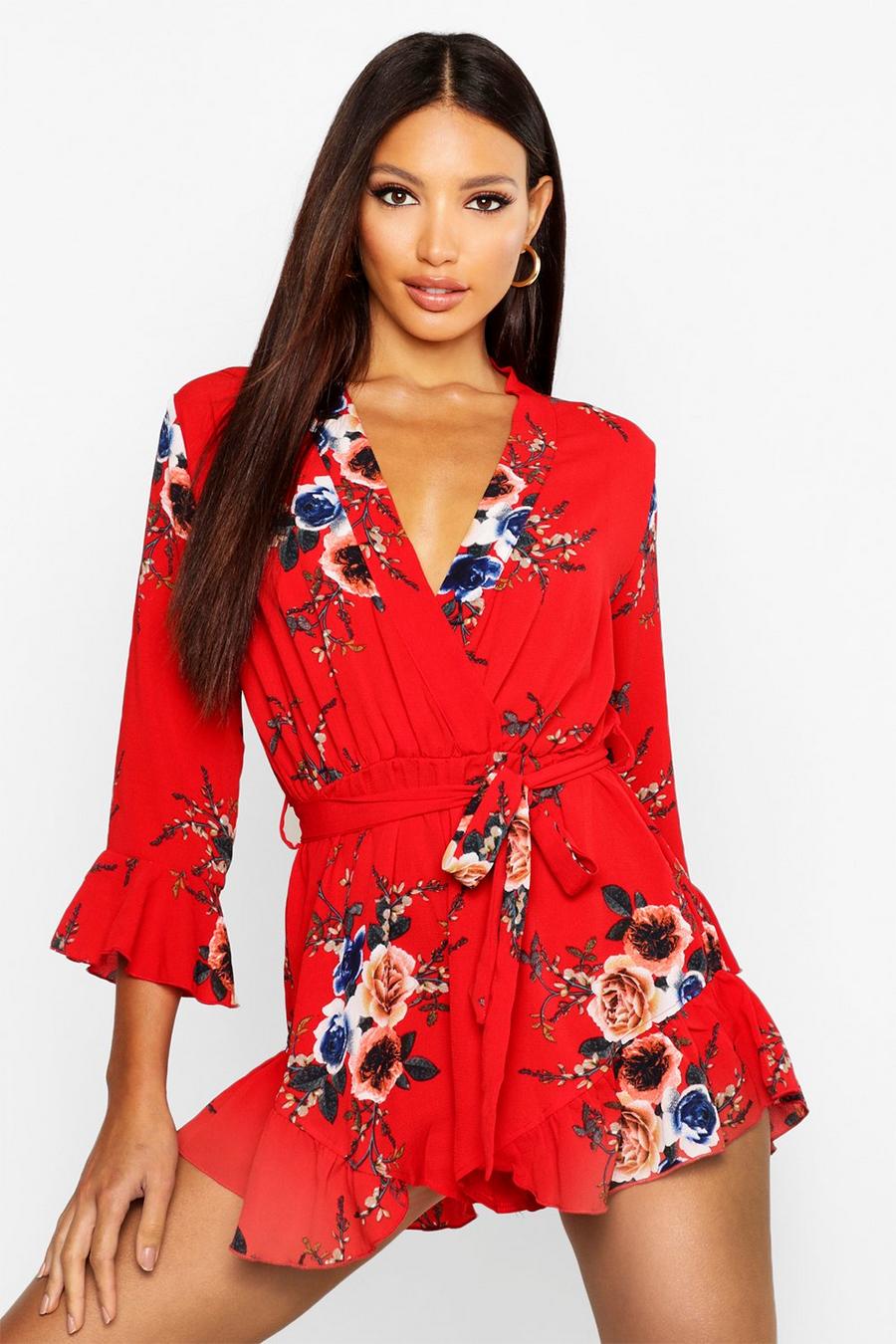 Red Wrap Floral Ruffle Hem Playsuit image number 1