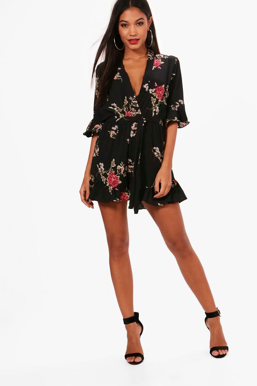 Black Floral Ruffle Sleeve Wrap Over Playsuit image number 1