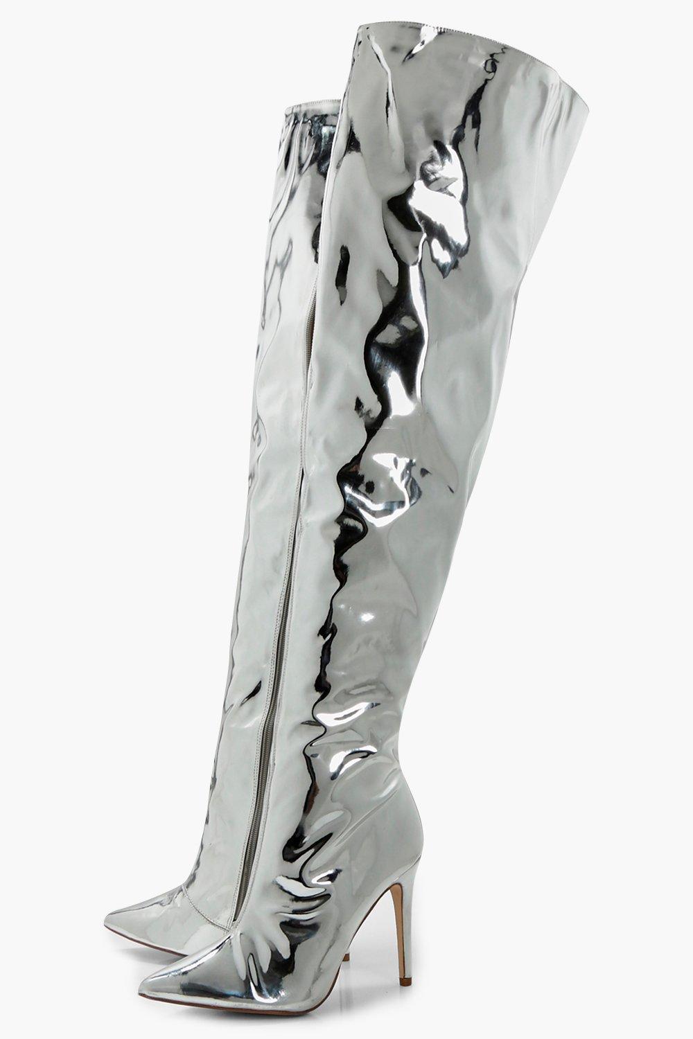silver metallic thigh high boots