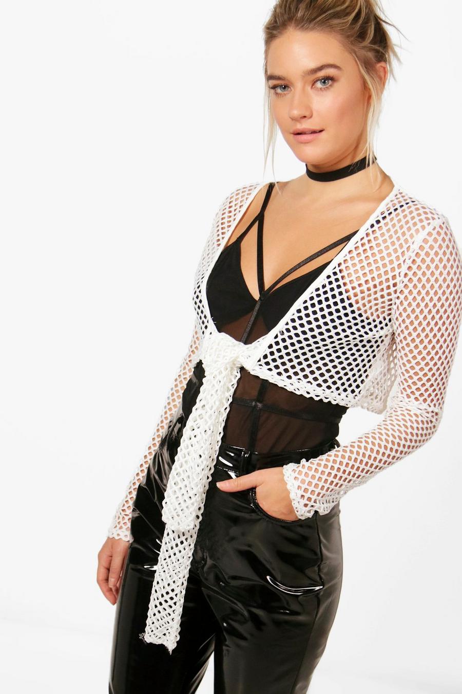 Mia Fishnet Tie Front Long sleeve Crop image number 1