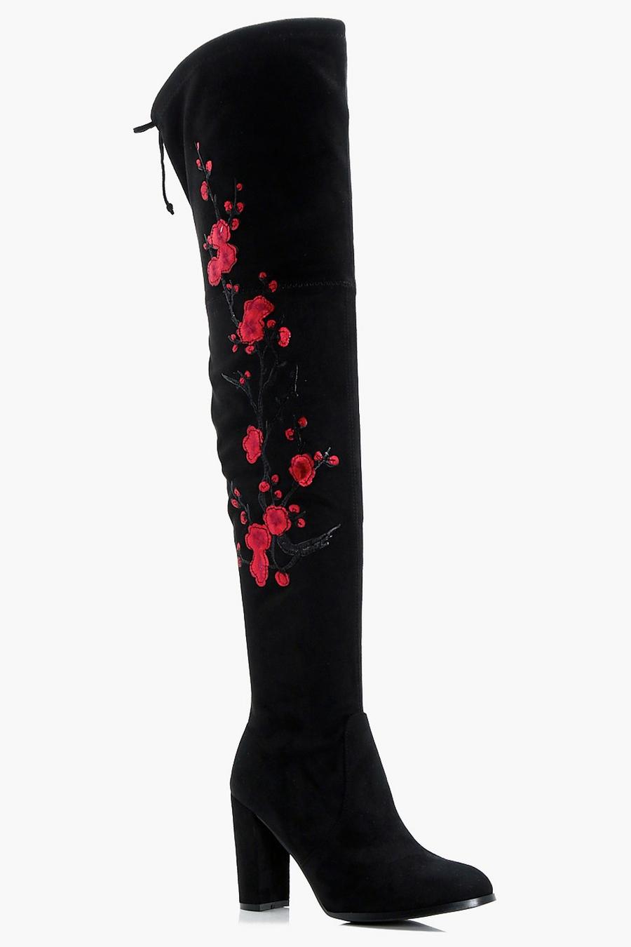 Floral Embroidered Over The Knee Boots, Black image number 1