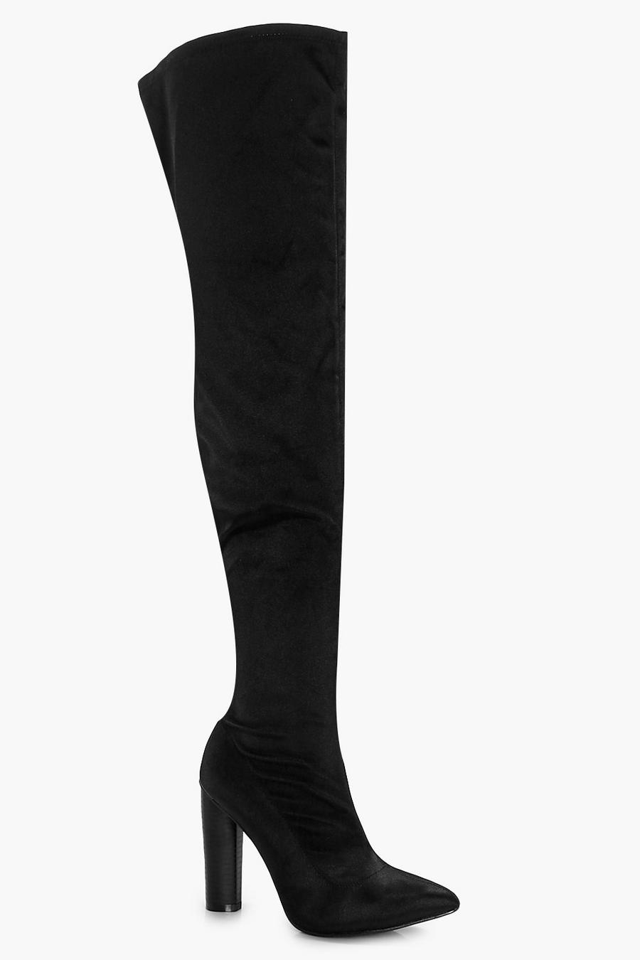 Black Aimee Satin Thigh High Boots image number 1