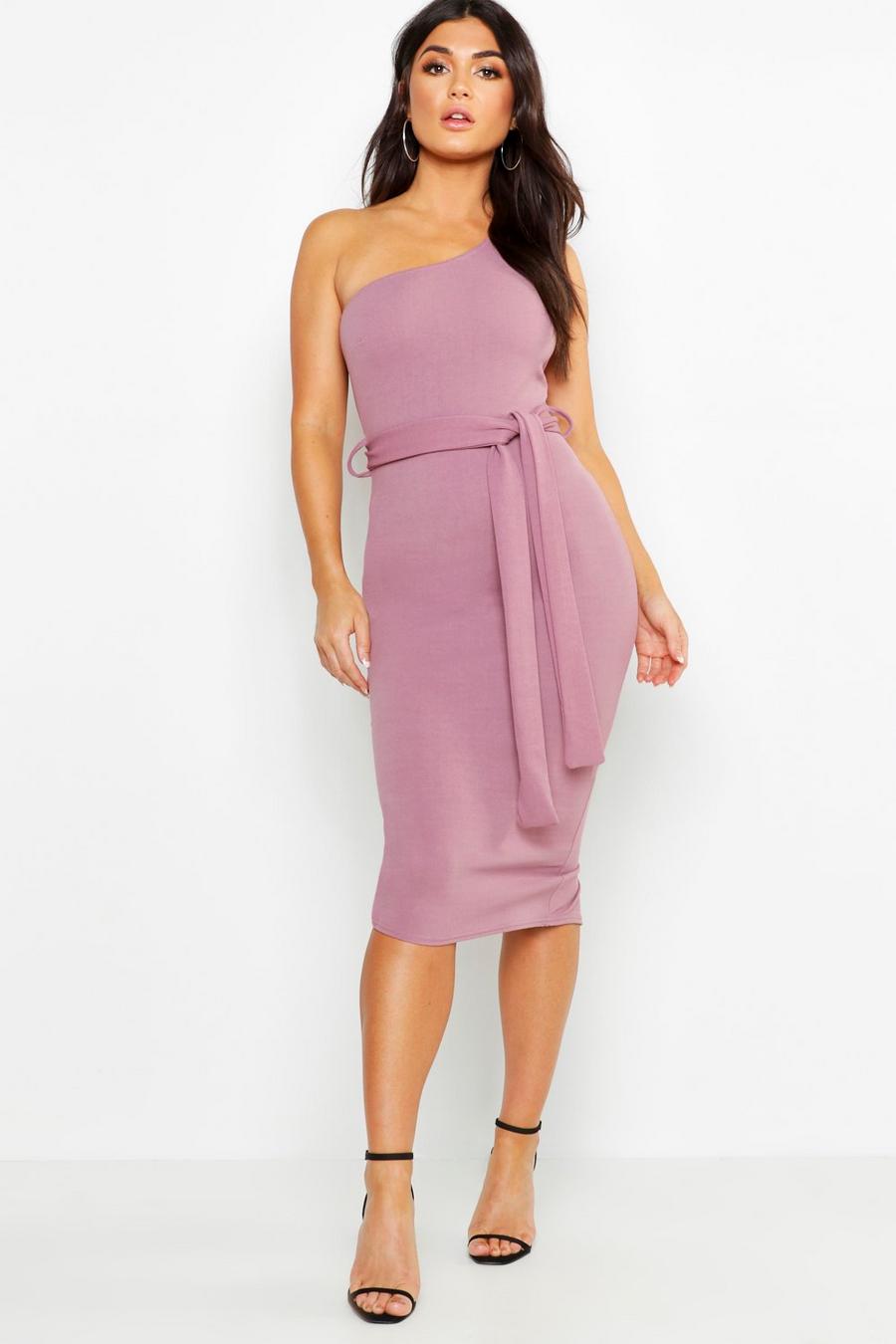 Mauve One Shoulder Belted Midi Dress image number 1