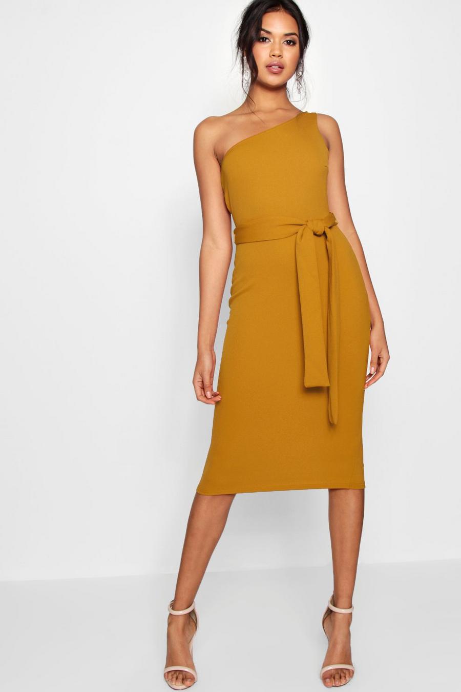 Mustard yellow One Shoulder Belted Midi Dress