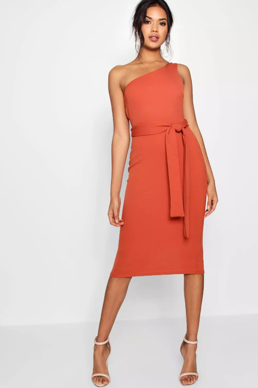 One Shoulder Belted Midi Dress