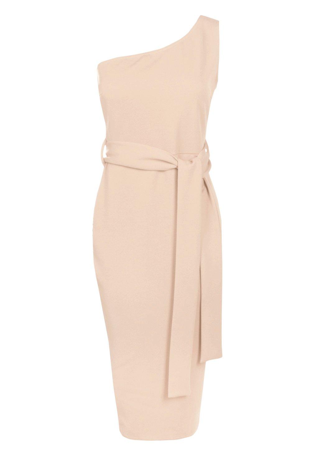 one shoulder belted midi dress