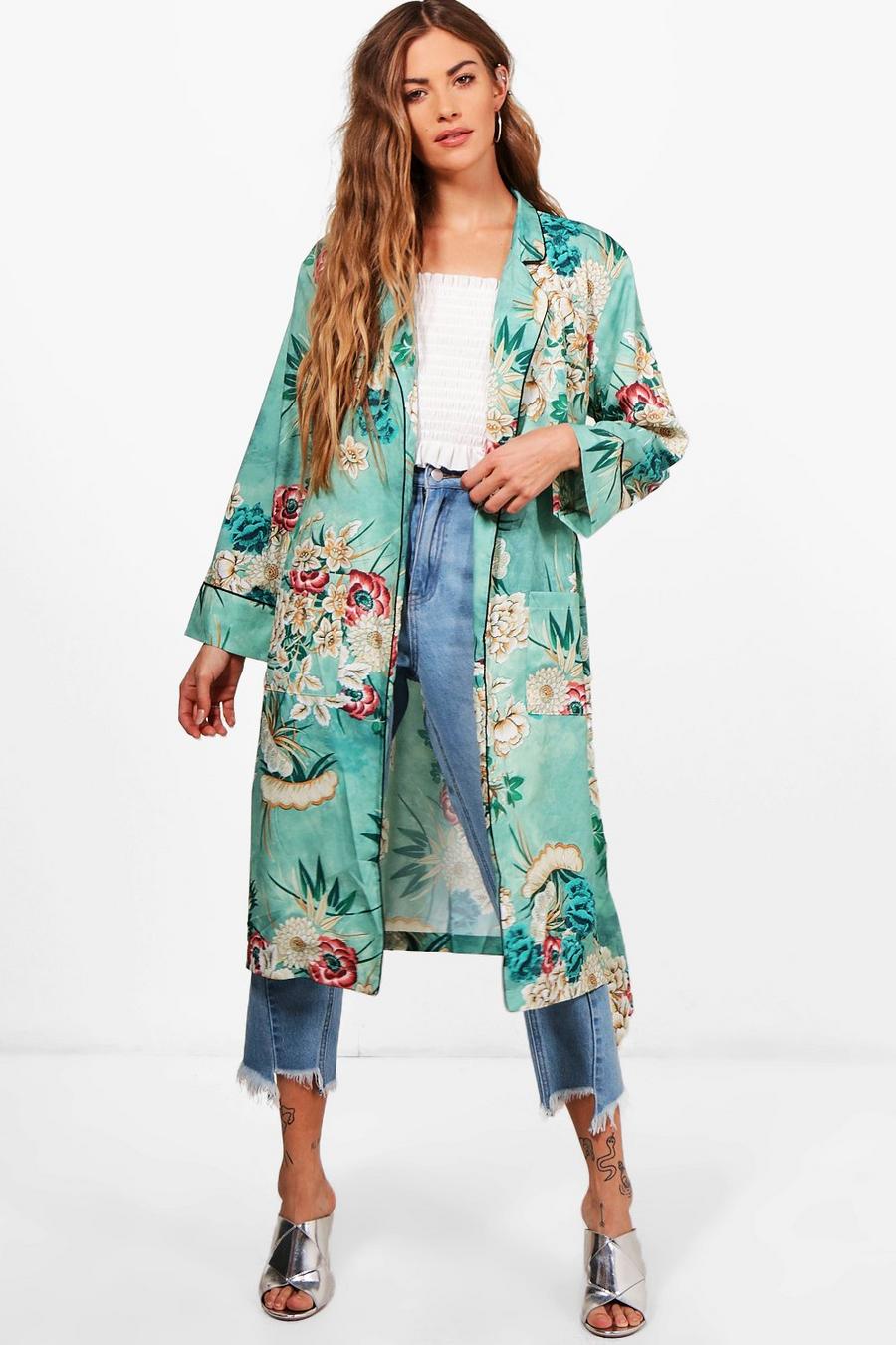 Green Floral Belted Kimono image number 1