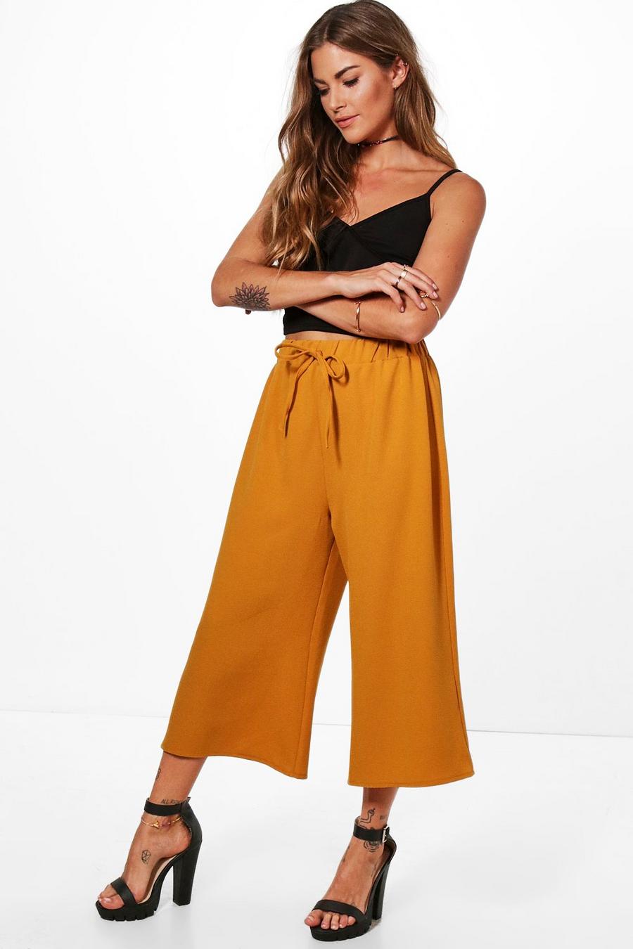 Mustard yellow Basic Tie Waist Woven Crepe Culottes image number 1
