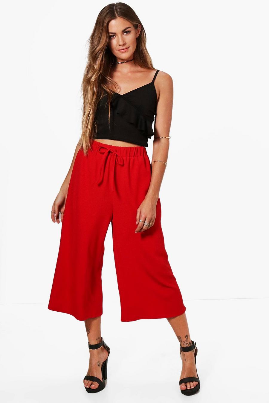 Red Basic Tie Waist Woven Crepe Culottes image number 1