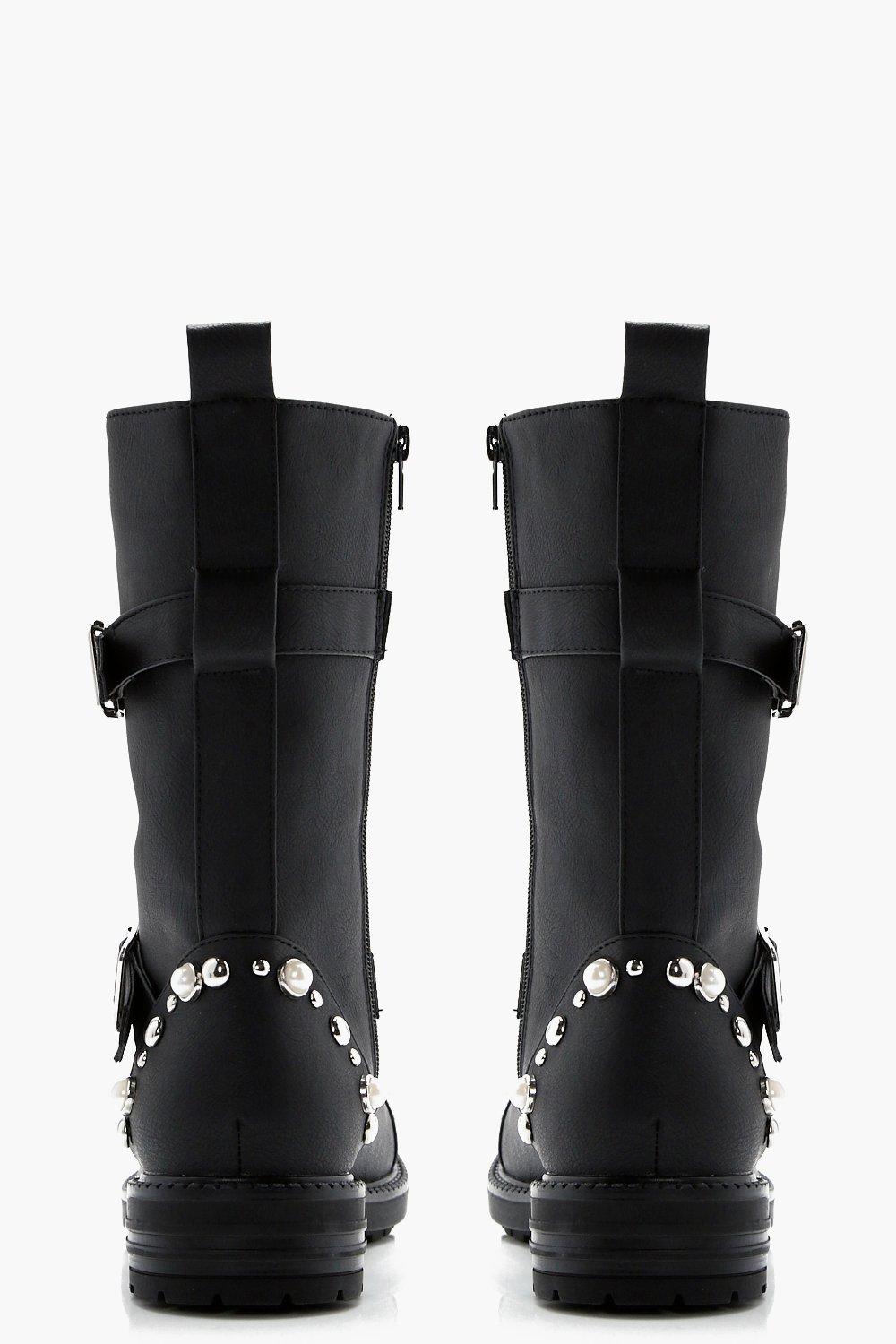 Vickie Stud Pearl Trim Lace Up Biker Boot boohoo