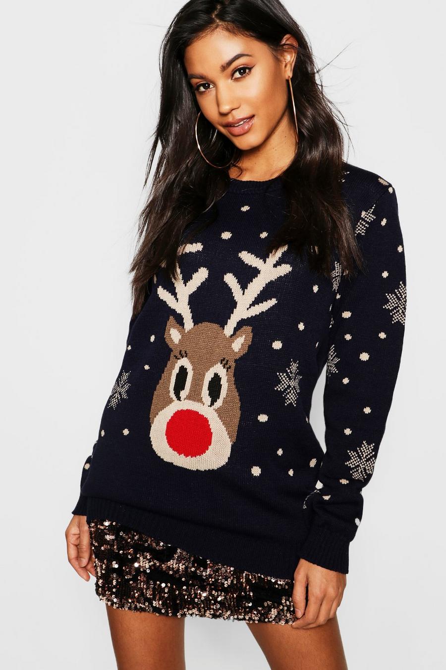 Navy Snowflake Reindeer Christmas Sweater image number 1