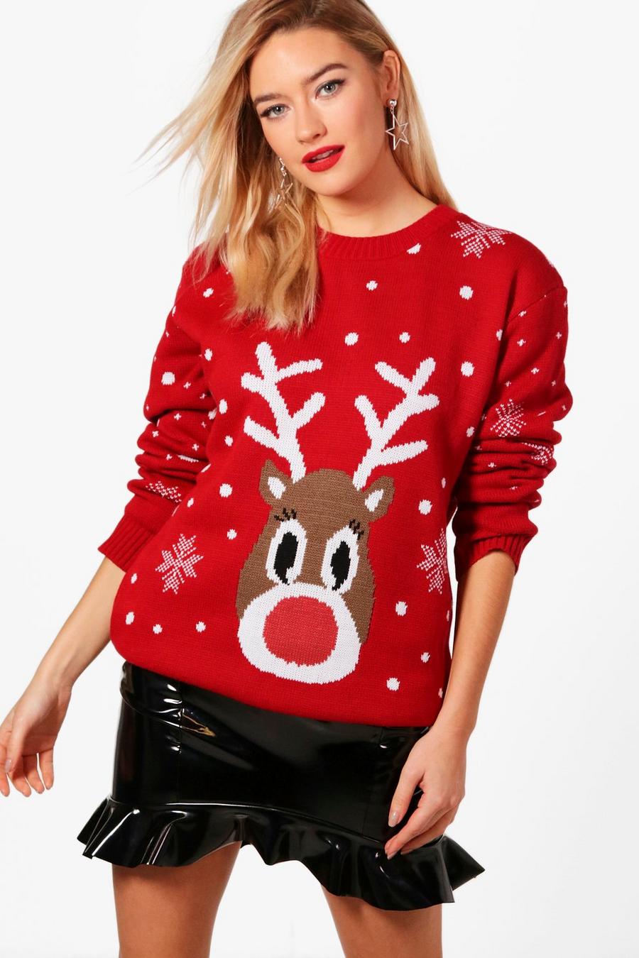 Red Snowflake Reindeer Christmas Sweater image number 1