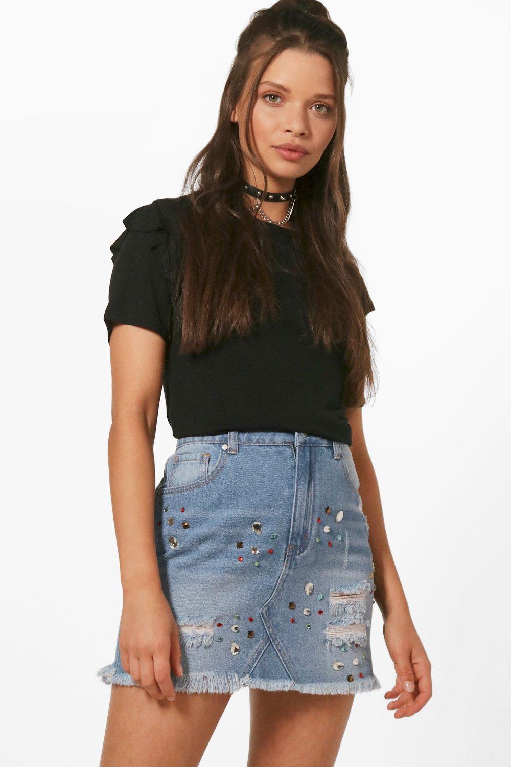 embellished denim skirt