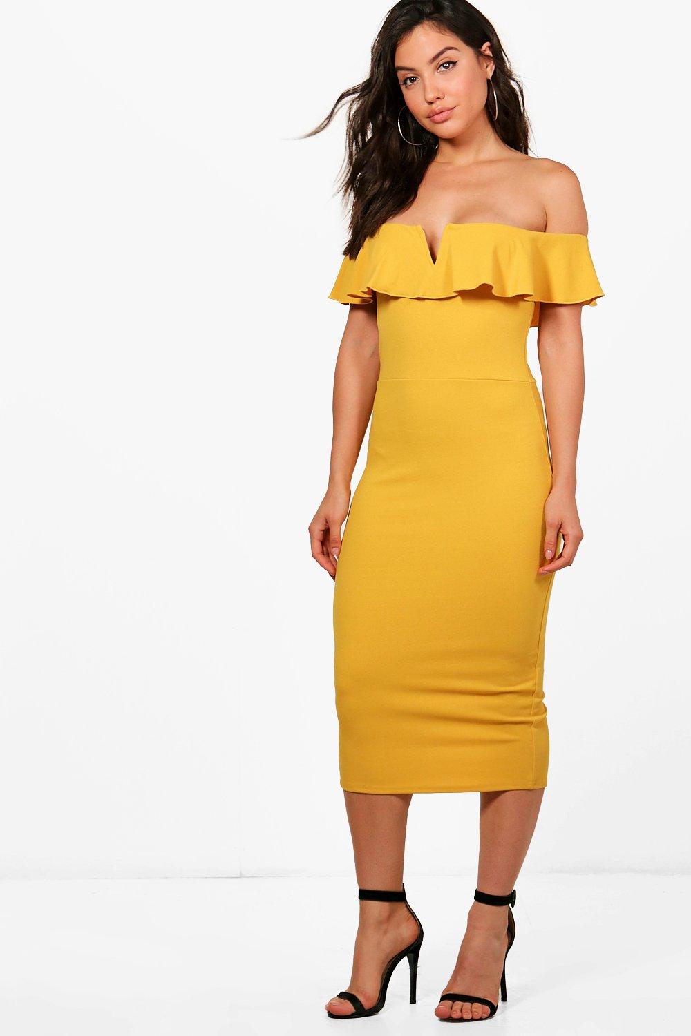 yellow off shoulder midi dress