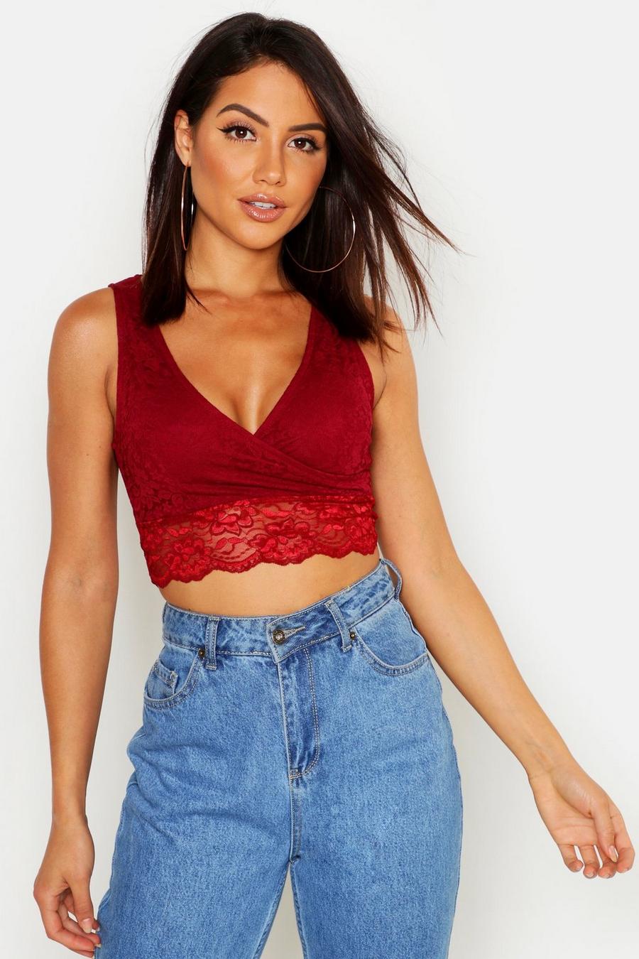 Wine Lace Wrap Front Crop Top image number 1