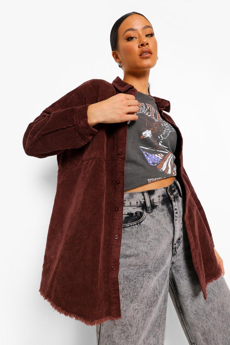 Camicia oversize in velluto a coste con fondo grezzo, Chocolate image number 1