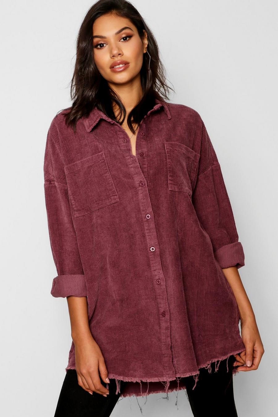 Oversized-Hemd aus Cord mit ungesäumten Kanten, Mauve purple