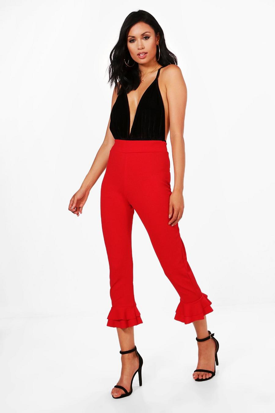 Red Double Ruffle Crepe Cropped Trousers image number 1