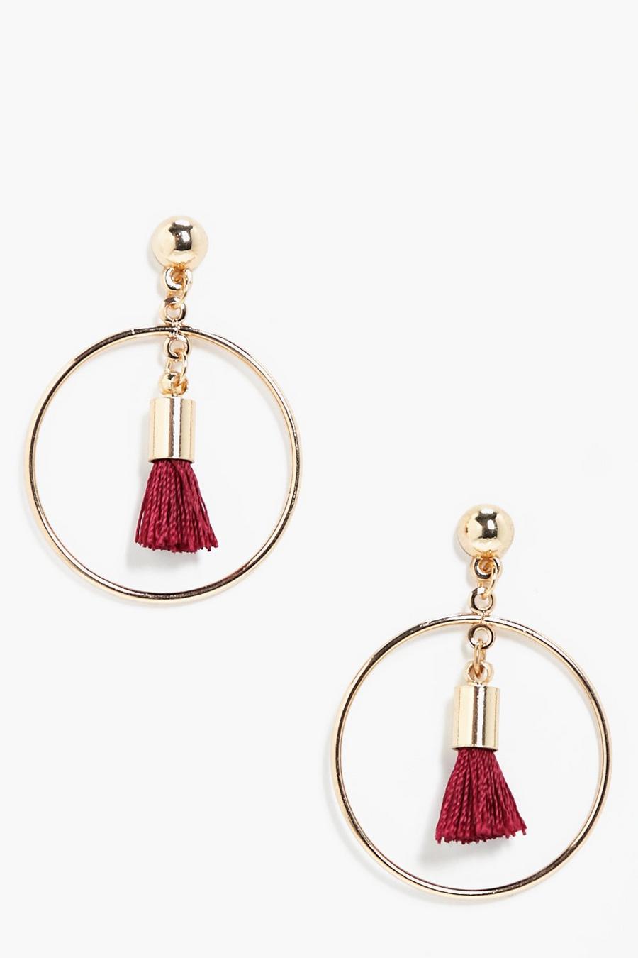 Simple Hoop Tassel Earrings, Burgundy image number 1