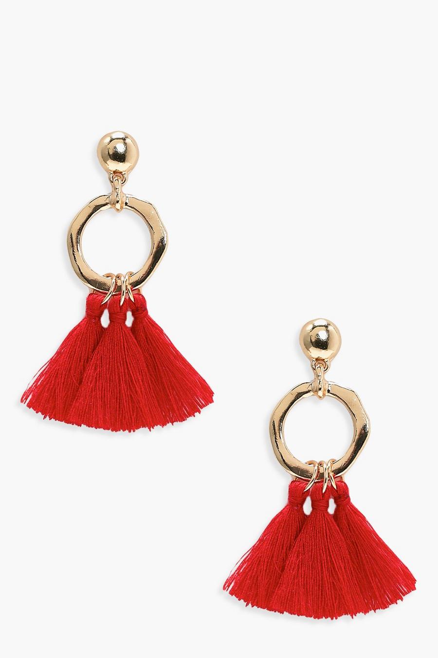 Red Hammered Hoop Tassel Earrings