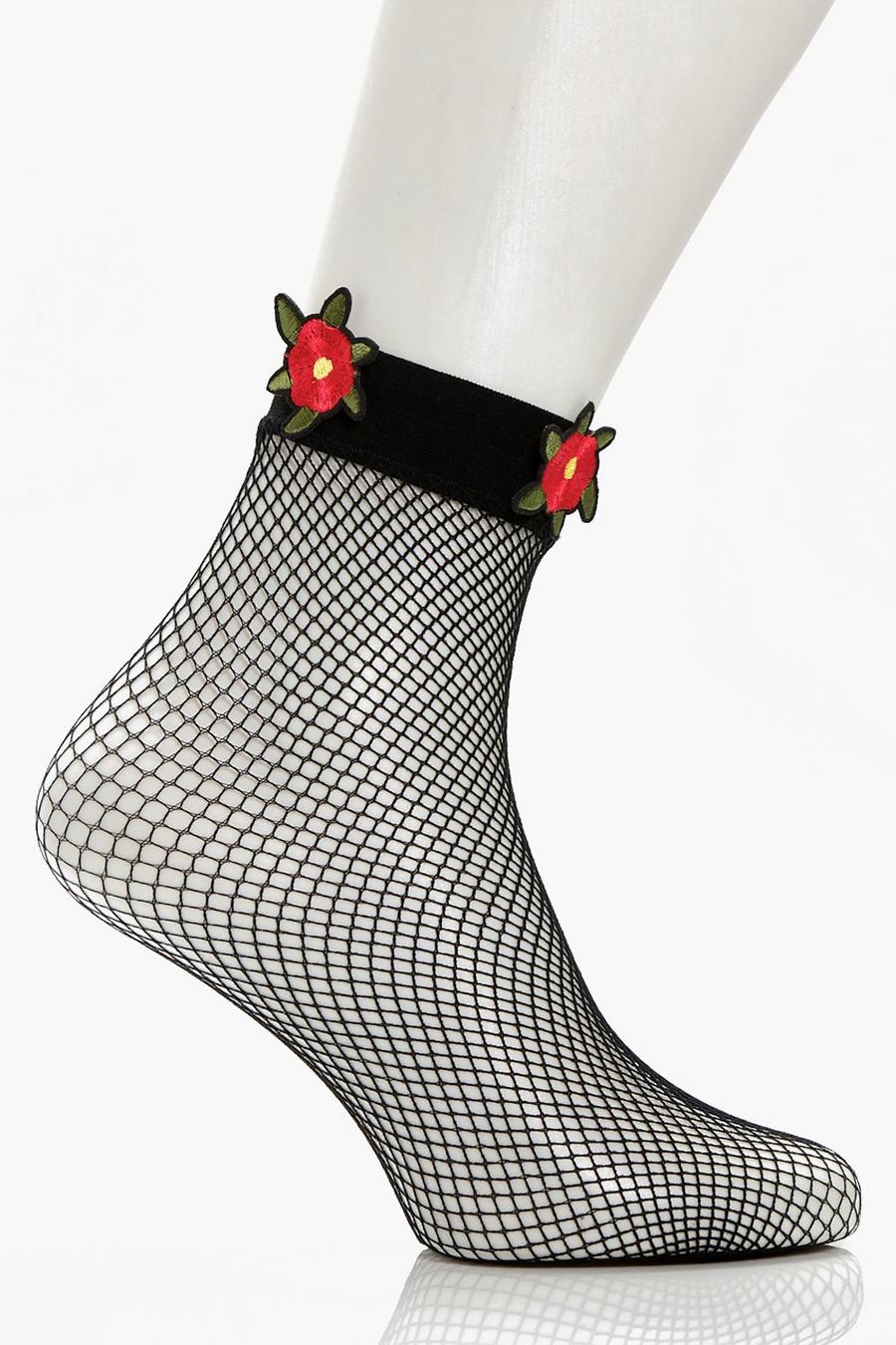 Black Katie Embroidery Fishnet Ankle Socks image number 1