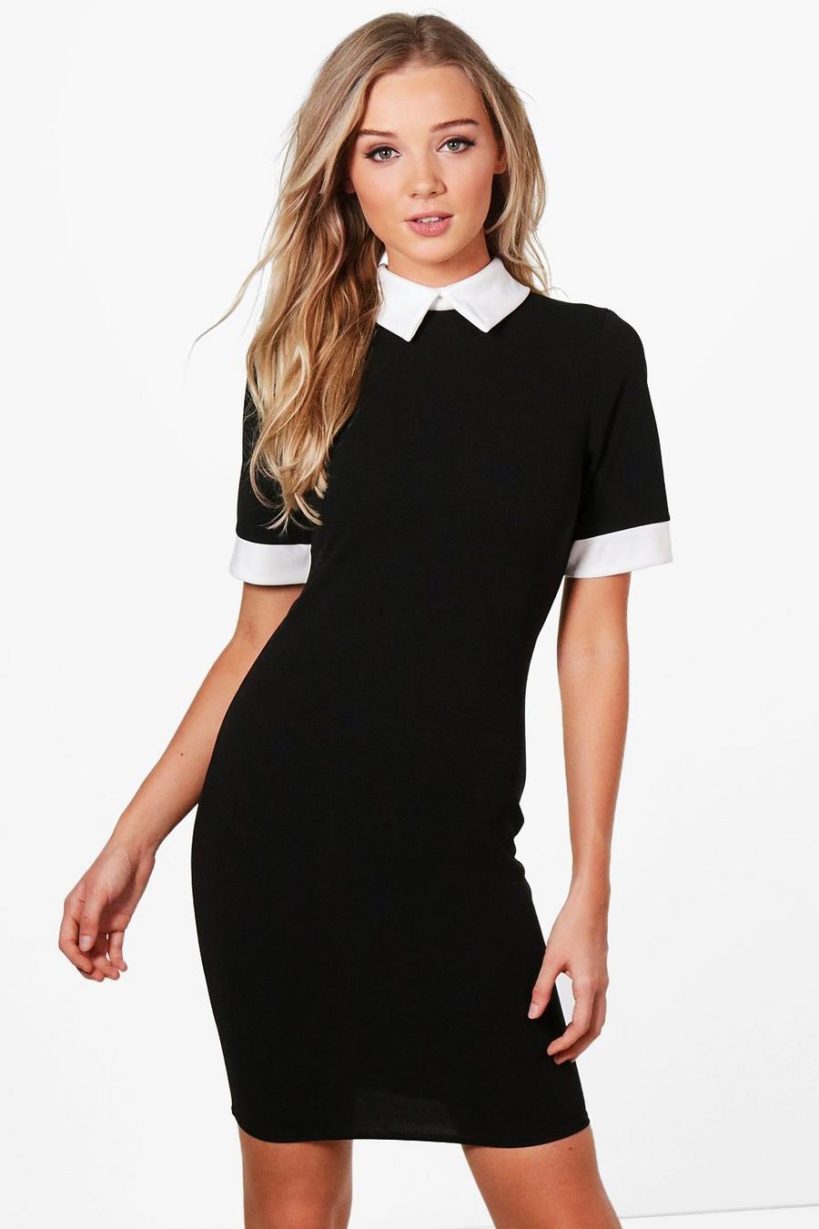 Kleid mit Kontrastkragen und -bündchen, Schwarz image number 1