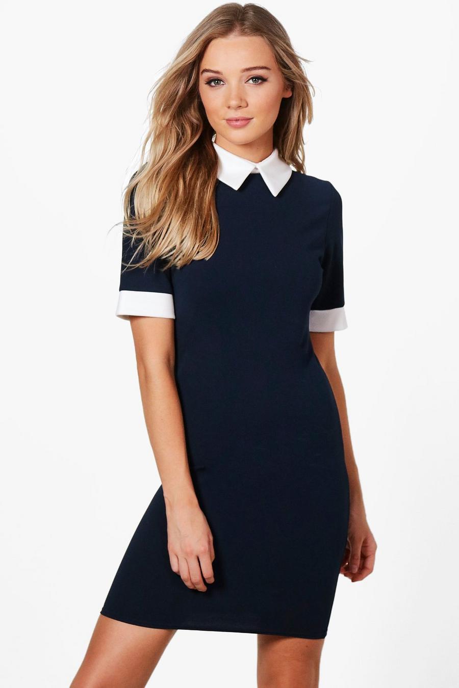 Contrast Collar & Cuff Dress, Navy image number 1